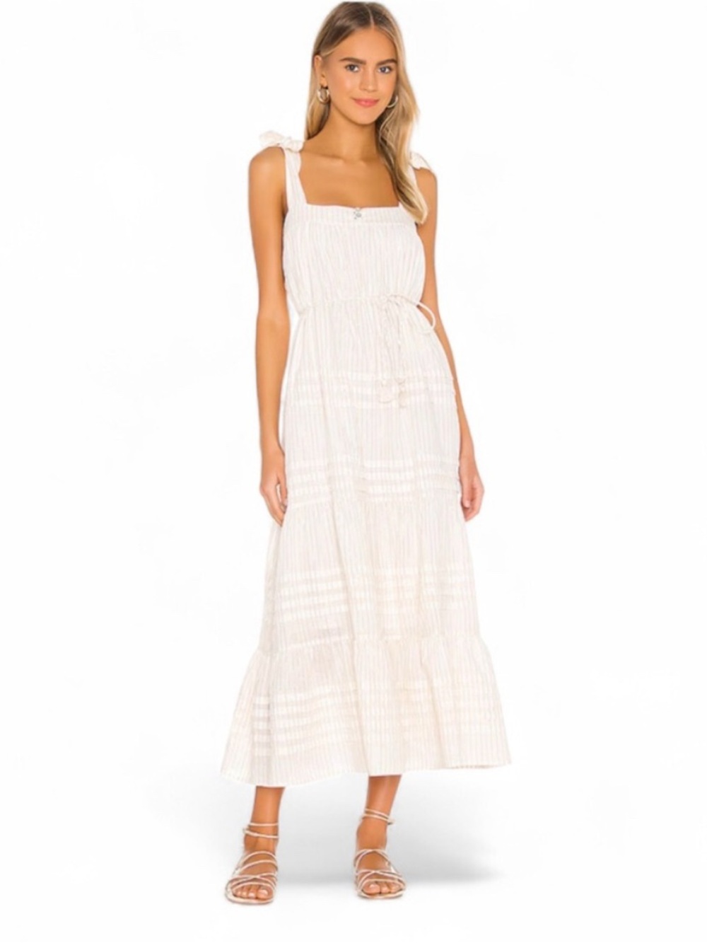 Cleobella Orson Cotton Midi Dress Ivory Cream Metallic Stripe Tiered Ruffle Sz M